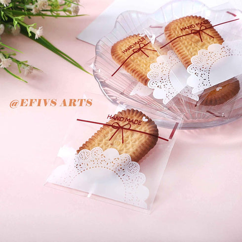 200pcs 5.5x5.5in Lovely Lace Bowknot Clear Biscuit Roasting Treat Present DIY Plastic Candy Individual Wrappers Self Adhesive OPP Cookie Bakery De...