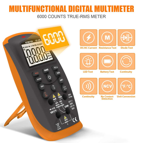 BTMETER BT-42B TRMS 6000 Count Digital Multimeter, Push Button Design, Auto-Ranging Ohm Volt Amp Cap Hz Diode Voltage Temp Continuity Tester Meter...