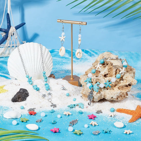 PH PandaHall 406pcs Ocean Jewelry Making Kit Starfish Seashell Beads Synthetic Turquoise Beads Tortoise Fish Beads Cowrie Shell Beads for Summer B...