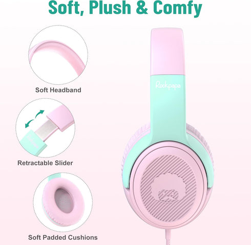 rockpapa Share 1 Kids Headphones Wired with Microphone & Share Port, 85dB/94dB Volume Limited, Cute Foldable Student Child Boys Girls Headphones f...