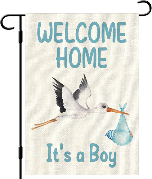 Welcome Home Baby Boy Garden Flag Baby Shower Garden Flag 12×18 Inch Double Sided Burlap Flag Newborn Gender Reveal Lawn Yard Sign Stork Outdoor D...