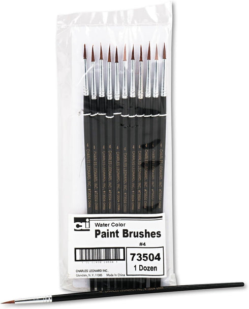 Charles Leonard Water Color Paint Brushes with Round Pointed Tip, # 4, 0.56 Inch, Camel Hair, Black Handle, 12-Pack (73504)...