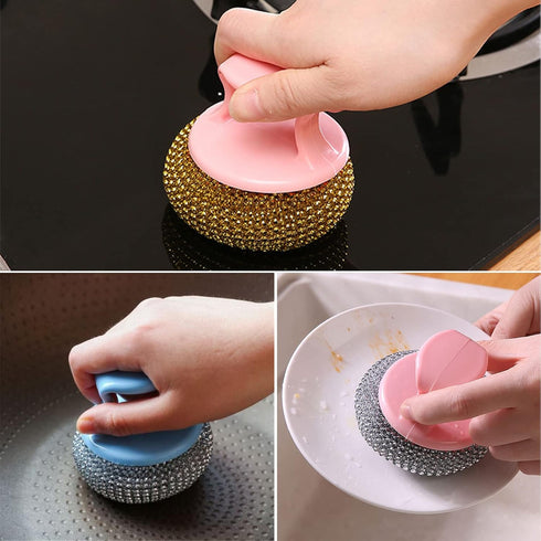 Stainless Steel Sponges Wool Scrubbers, Individually Wrapped Cleaning Sponges Metal Wire Scourer Heavy Duty Scrubbing Scouring Pad with Handle for...