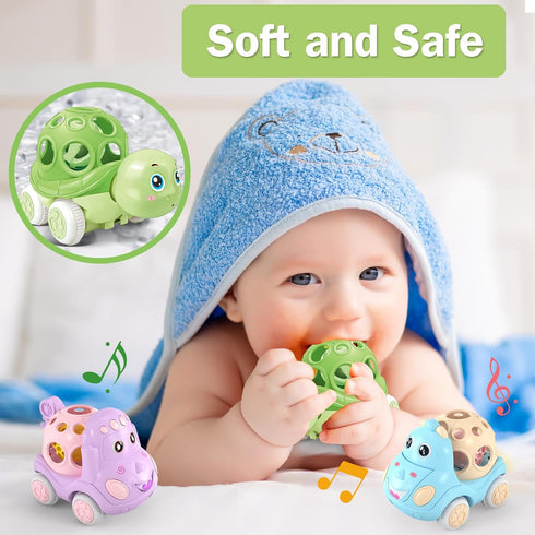 Tepear Baby Toy Car, Rattle & Roll Cars for Toddler Aged 1-3, Push and Go Toys with Soft Rubber 6-12 Month Infant, 3PCS Friction Powered Truck, Ba...