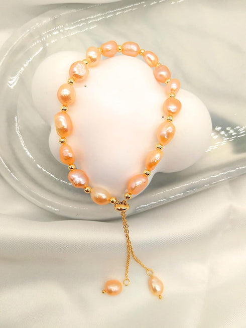 Pearl Bracelets for Women, Irregular Shape Pink Baroque Freshwater Pearls Gold Adjustable Slider Bracelet for Bride Bridesmaid Gift...