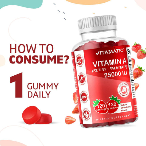 Vitamatic Sugar Free Vitamin A 25000 IU Gummies (Retinyl Palmitate) - Natural Strawberry Flavor - 120 Pectin Based Gummies (1 Bottle)...