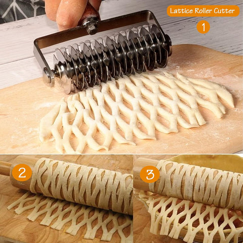 Stainless Steel Lattice Roller Cutter With Wood Handle - Dough Baking Tool for Cookie, Pie, Pizza, Bread, Pastry Crust - Household Time-Saver for ...