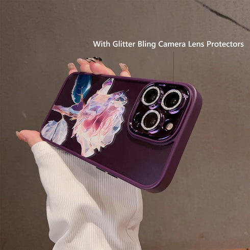 Compatible with iPhone 14 Pro Max Phone Case with Glitter Bling Camera Lens Protector for Women Girls Cute Fairy Rose Flower Clear Protective Cove...