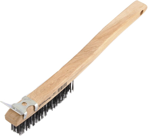 Forney 70511 Wire Scratch Brush, Carbon Steel with Curved Wood Handle & Metal Scraper, 13-11/16"-by-.014"...