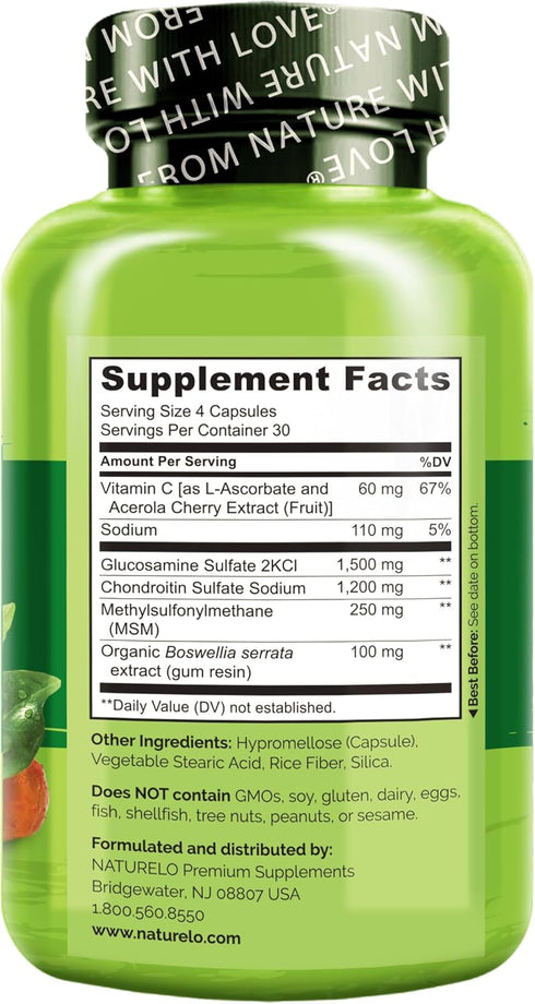 NATURELO Glucosamine Chondroitin MSM with Boswellia and Vitamin C - Joint Support Supplement - 120 Capsules...