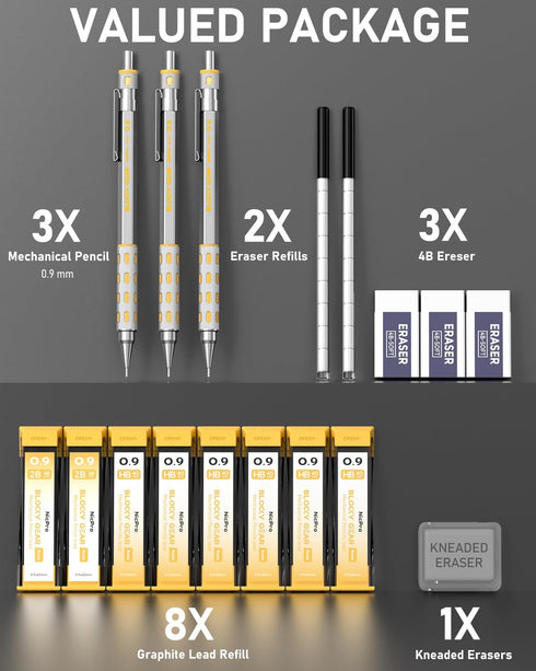 Nicpro Blocky Gear 0.9 mm Mechanical Pencils Set in Case, 3 Pack Metal Pencil 8 Tube with Lead Refills 0.9mm (HB 2B), 3 Erasers for Professional &...