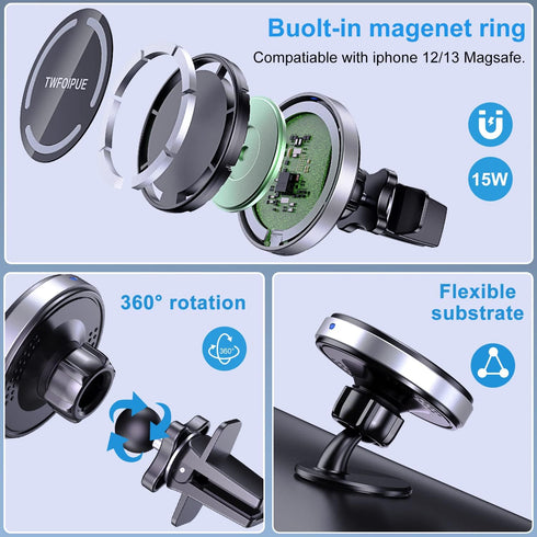 Magnetic Wireless Car Charger Mount Compatible with Magsafe iPhone14 /iPhone 13/ iPhone 12/12 Mini/12 Pro/12 Pro Max, 15W Fast Charging Air Vent M...