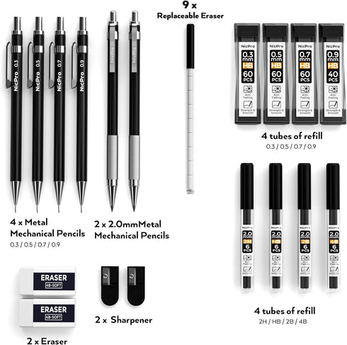 Nicpro 6 PCS Art Mechanical Pencil Set, Black Metal Drafting Pencil 0.3, 0.5, 0.7, 0.9 mm & 2PCS 2mm Graphite Lead Holder(4B 2B HB 2H) For Writing...