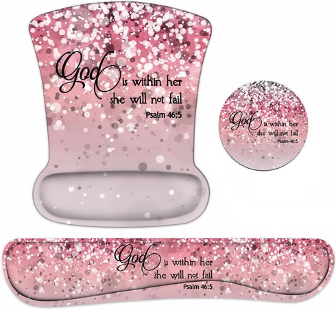 Keyboard Wrist Rest and Mouse Pad Wrist Support Set with Coasters, Bible Verses Psalm 46:5 with Non-Slip PU Base Ergonomic Gaming Mousepad for Com...