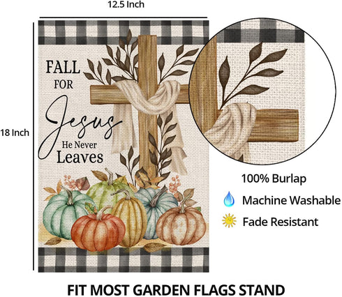 Fall Cross Garden Flag 12x18 Double Sided,Religious Cross Fall for Jesus Buffalo Plaid with Pumpkins Small Yard Flags for Outside,Seasonal Flags f...