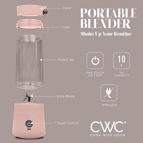 COOK WITH COLOR Mini Portable Blender - 250W Power, 12oz Capacity, Stainless Steel Blade, Wireless/USB Rechargeable, Blush...