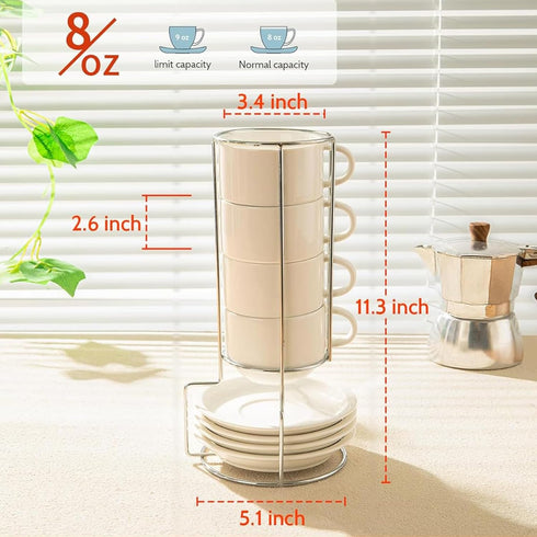 Sweese 8 Ounce Porcelain Stackable Cappuccino Cups with Saucers and Metal Stand - for Specialty Coffee Drinks, Cappuccino, Latte, Americano and Te...