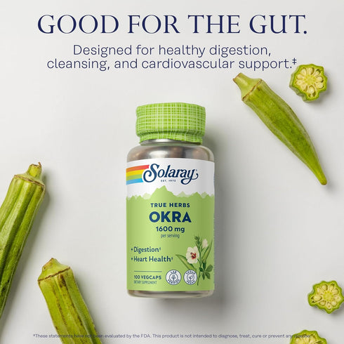 SOLARAY Okra Fruit 1600 mg - Healthy Digestion, Regularity and Heart Health Support Supplement - Soluble Fiber - Lab Verified, Vegan, 60-Day Guara...