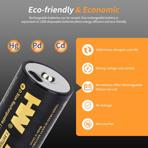 HW USB-C Rechargeable 1.5V Lithium D Batteries, 2-Pack 5000mAh/7500mWh Fast Charging with Over 1000 Cycles D Cell Long Lasting Lithium Batteries f...