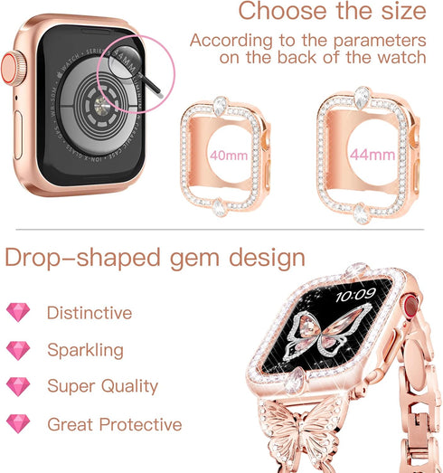 wipalor Compatible with Apple Watch Band 40mm+Gemstones Case, Lightweight for Women, Easy Bracelet, Shiny Diamond on Butterfly, Rose Gold & Case (...