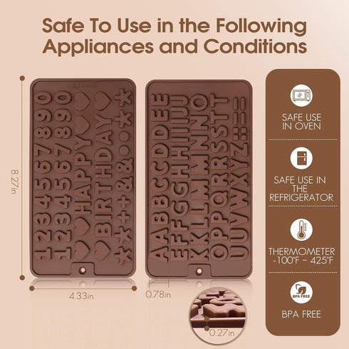Silicone Letter Mold and Number Chocolate Molds with Happy Birthday Cake Decorations Symbols 2pcs...