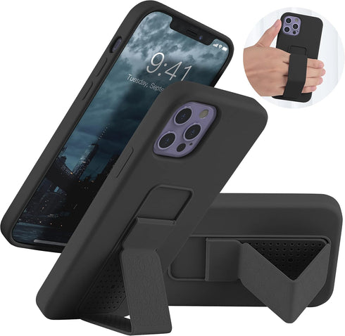 LAUDTEC Silicone Kickstand Case Compatible with iPhone 12/12 Pro, Vertical and Horizontal Stand Hand Strap Metal Kickstand Cover, Flexible Soft Li...