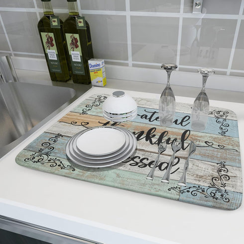 Rustic Wood Dish Drying Mat 18x24 Inch Grateful Thankful Blessed Kitchen Drainer Mats Absorbent Microfiber Rack Holder Countertop Pad...