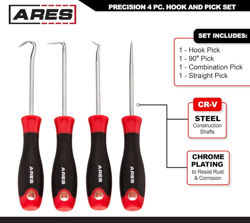 ARES 70256 - Precision Hook and Pick Set - 4-Piece Set Includes Precision 90 Degree, Hook, Combination and Straight Hooks and Picks - Chrome Vanad...