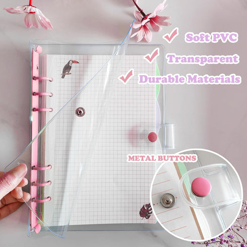 A5 Binder 6-Ring Clear Binder Notebook Cover, 2 Pack Pink + Blue Round Ring, A5 Planner Budget Binder with Snap Closure (A5, Clear Cover + Pink/Bl...