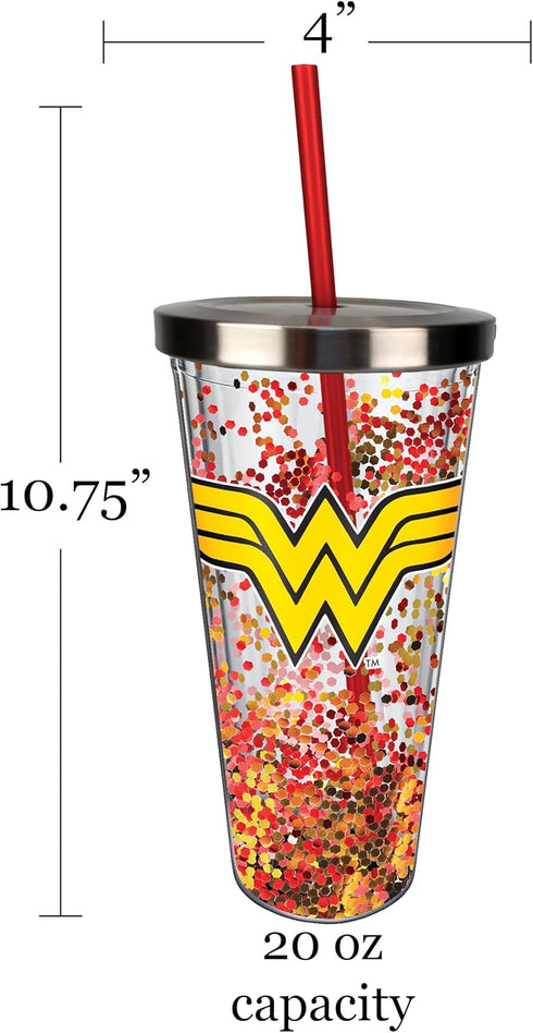 Spoontiques - 21337 Wonder Woman Logo Glitter Cup w/Straw, One Size, Red & Gold, 20 ounces...
