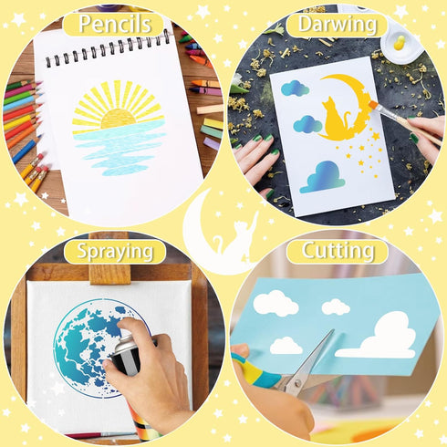 Sun Moon Stencils for Painting on Wood Wall Crafts Reusable Clound Moon Sunrise Cat Stencil Art Paint on Wall Canvas Pattern Paint Stencils for Ca...