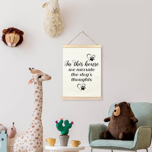 TAEDIN Dog Wall Art Poster Hanger Frame, Dog Signs Lovers Wood Wooden Canvas Artwork Print, In This House We Narrate the Dog's Thoughts Painting f...