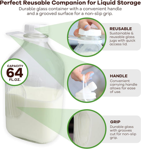 The Dairy Shoppe Heavy Glass Milk Bottle - Jug with Lid and Silicone Pour Spout - Clear Milk Container for Fridge - Reusable Glass Milk Jug Dispen...