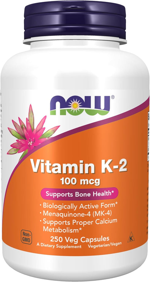 NOW Supplements, Vitamin K-2 100 mcg, Menaquinone-4 (MK-4), Supports Bone Health*, 250 Veg Capsules...