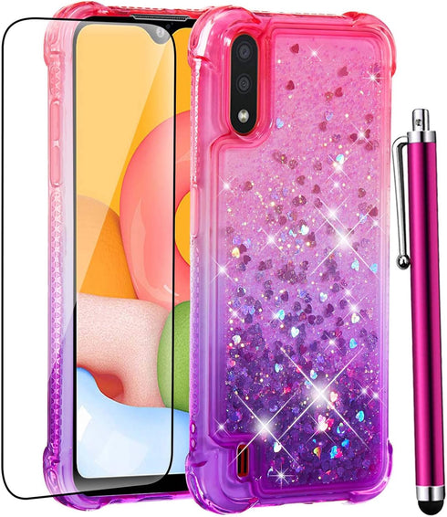 for Galaxy A01 Case with Tempered Glass Screen Protector,Glitter Bling Floating Liquid Sparkle Quicksand Women Girls Cute Clear TPU Phone Cover Pr...