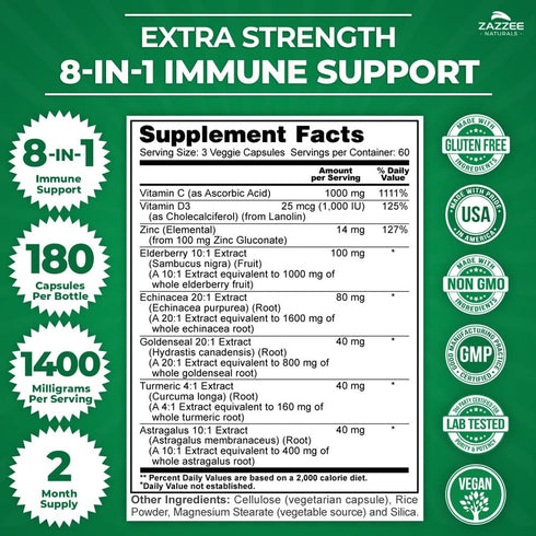 Zazzee Extra Strength 8-in-1 Immune Support, 1400 mg per Capsule, 180 Vegan Capsules, 1000 mg Vitamin C, 1000 IU mg D3, Zinc, Elderberry, Echinace...