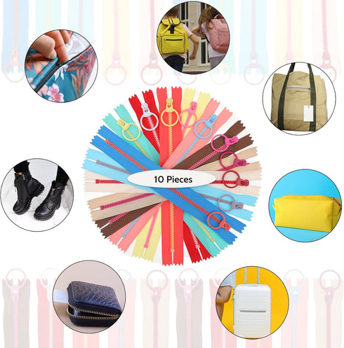 Bewudy 20 Pcs 8inch Zippers for Sewing, Resin Zipper, 10 Color Colourful Zippers with Lifting Ring Quoit, Supplies Zippers for DIY Sewing Craft Ta...