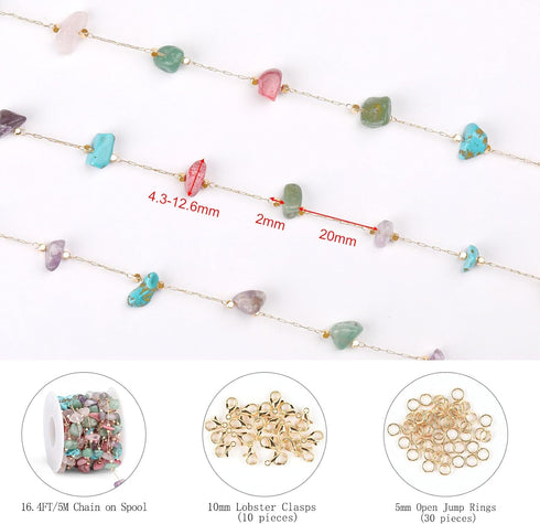 KYUNHOO 16.4FT Colorful Natural Stone Chain Links Gold Plated Brass Chain for Necklace Thin Paperclip Chain Roll with Lobster Clasps Jump Rings Je...