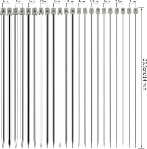Hysagtek 22 Pcs Knitting Needles Set, 14 Inches Stainless Steel Straight Single Pointed Knitting Needle Kit Metal Knitting Kit in Different Sizes ...