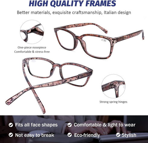 DOOViC 4 Pack Computer Reading Glasses Blue Light Blocking Anti Eyestrain Spring Hinge Stylish Readers for Women 2.00 Strength...