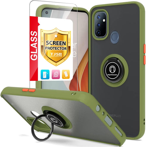 TJS Compatible with OnePlus Nord N10 5G Case, with Tempered Glass Screen Protector, Metal Ring Magnetic Support Kickstand Heavy Duty Protector Pho...
