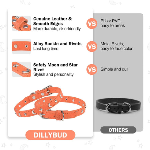 Leather Dog Collar for Puppy Small Medium Dogs, Adjustable Star Moon Rivet Studded Pet Collars with Rust-Proof Metal Buckle and Charms, XS S Dog C...