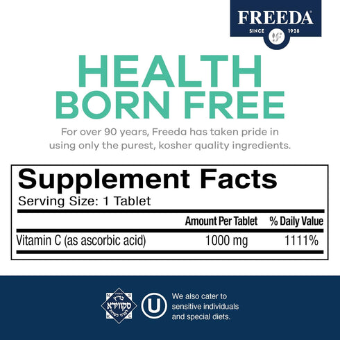 FREEDA Vitamin C - Timed Release Vitamin C 1000mg - Kosher Vegan - Powerful Antioxidant Immune Support - Time Release Vitamin C 1000mg Tablets - R...