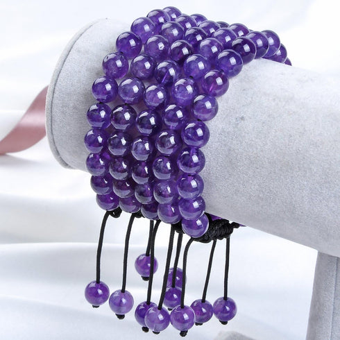 Massive Beads Natural Healing Power Gemstone Crystal Round Beads Unisex Adjustable Macrame Bracelets 8mm (Amethyst)...