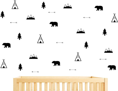 Woodland Wall Decal, Bears, Arrow, Teepees, Trees and Mountains Decor, Matte Vinyl Wall Stickers for Baby Bedroom, Nursery Wall Decals(Y05) (Black...