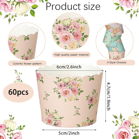 Uiifan 60 Pcs Floral Paper Baking Cups Disposable Greaseproof Baking Cups Bulk Floral Muffin Baking Cups Flower Cupcake Wrappers for Birthday Wedd...