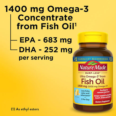 Nature Made Burp Less Ultra Omega 3 Fish Oil 1400 mg, Fish Oil Supplements, Omega 3 Supplement for Healthy Heart, Brain and Eyes Support, One Per ...