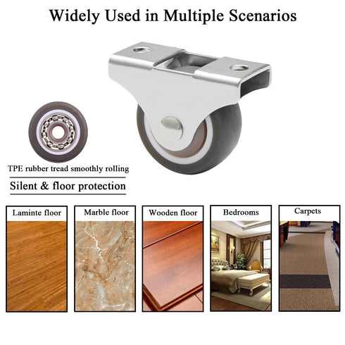 Mini Fixed Caster Wheels 1 Inch Low Profile Small Casters with Screws, Steel Top Plate, Silent Ball Bearing Rubber Rolling Caster Wheels for Furni...
