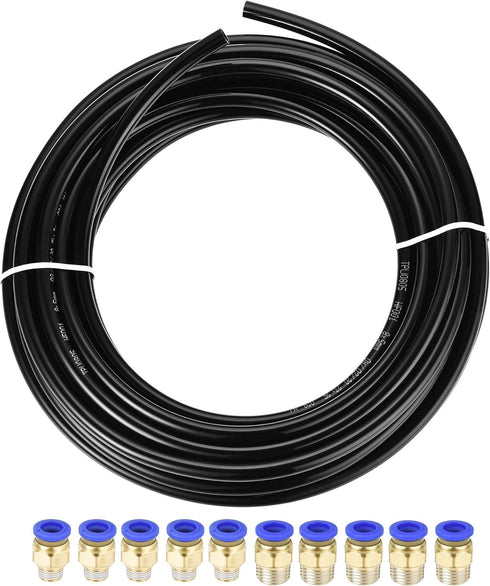 uxcell Pneumatic 8mm OD Polyurethane PU Air Hose Tubing Kit 10 Meters Black with 10 Pcs Push to Connect Fittings...