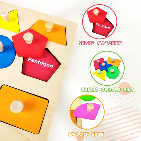 Wooden Shape Peg Puzzles, Montessori Educational Toy Baby Puzzle, 12 Geometric Shape Puzzle with Board Knob, Preschool Wooden Puzzles for Toddlers...